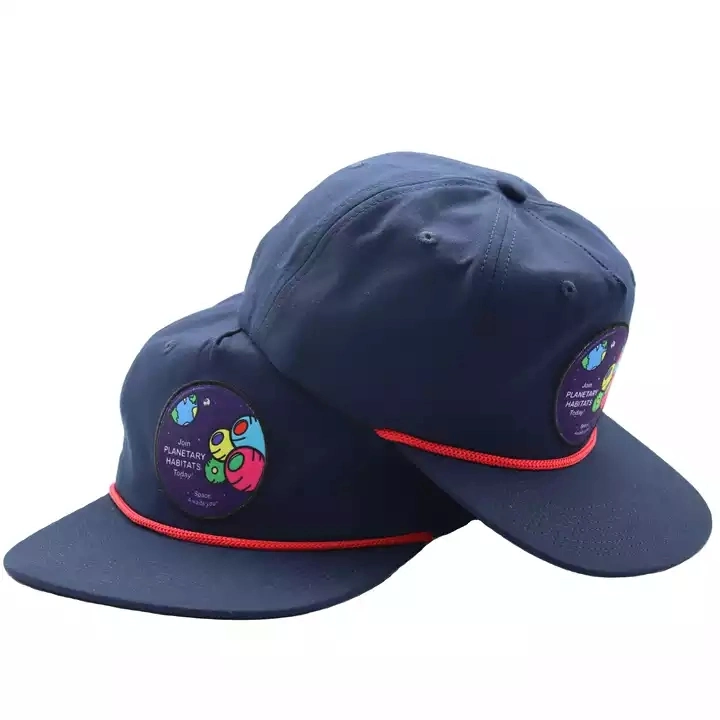 Customized Hat 5panel Navy Color Unstructured Rope Hat Wove Patch and Embroidery Snapback Hat