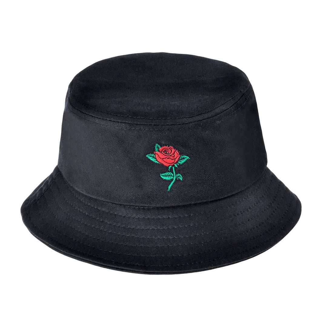 Wholesale Classical Polyester Breathable Rose Embroidered Bucket Hat Designer Hat for Man Women