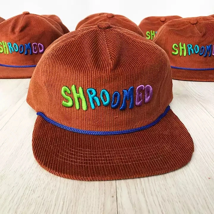 Custom Brown 3D Embroidery Logo 5 Panel Organic Corduroy Hat Unstructured Snapback Cap with Rope