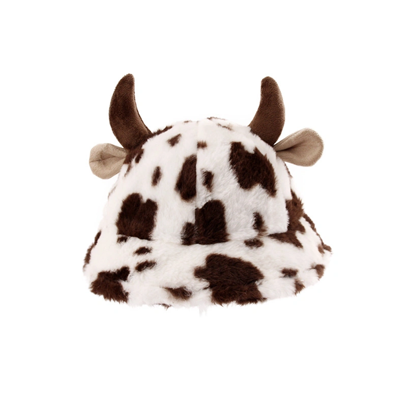 Winter Horns Plush Custom Bucket Hat Warm Funny Cow Printed Buckets Hat