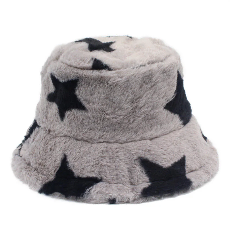 Trendy Designer Custom Winter Bucket Hat Five-Pointed Star Rabbit Fur Trend Female Thickened Fisherman Hat