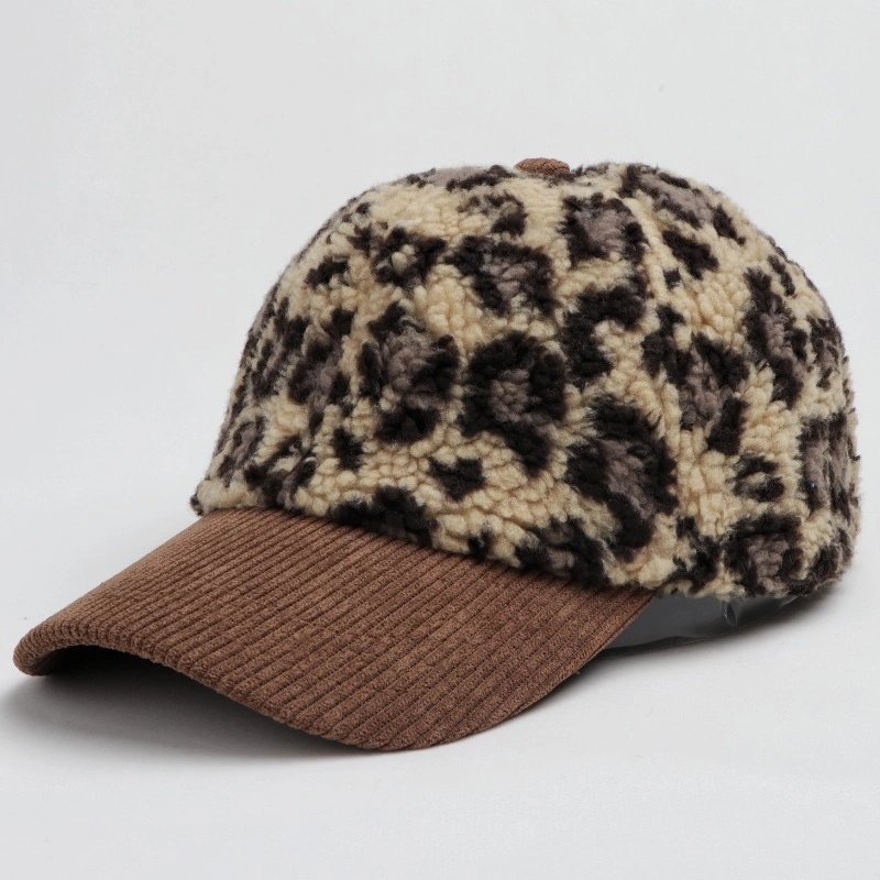 Autumn and Winter Vintage Color Matching Lamb Fur Leopard Baseball Cap Men&prime;s and Women&prime;s Casual Warm Corduroy Duck Cap Baseball Hat