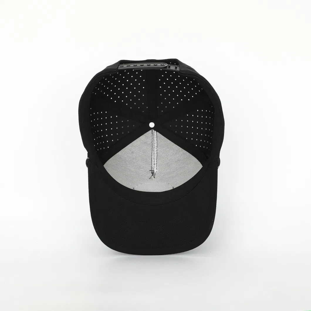 OEM Custom PVC Patch Logo 5 Panel Rope Golf Baseball Cap Laser Cut Hole Perforated Gorras Black Polyester Spandex Dad Hat