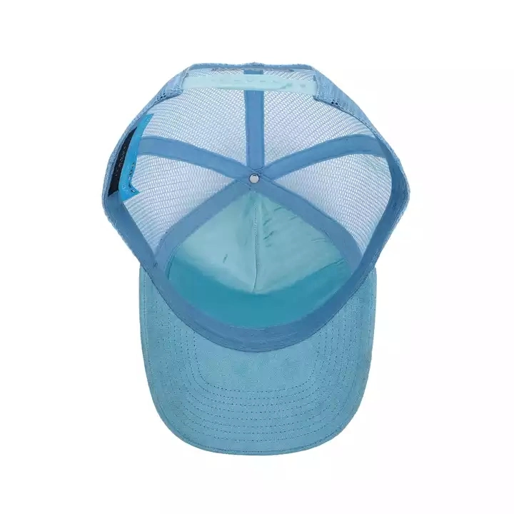 OEM Custom Fashion 5 Panel High Quality Plain Blue Curved Brim 3D Embroidery Logo Mesh Snap Back Suede Gorras Trucker Hat Caps
