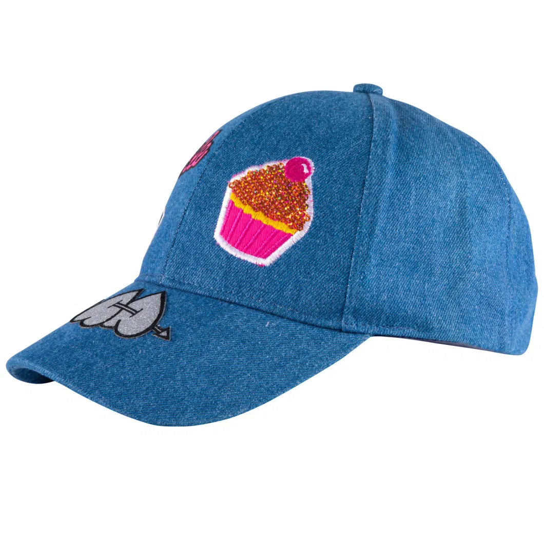 Denim Baseball Cap with Sequin Embroidery 6panel Kids Hat Sports Cap