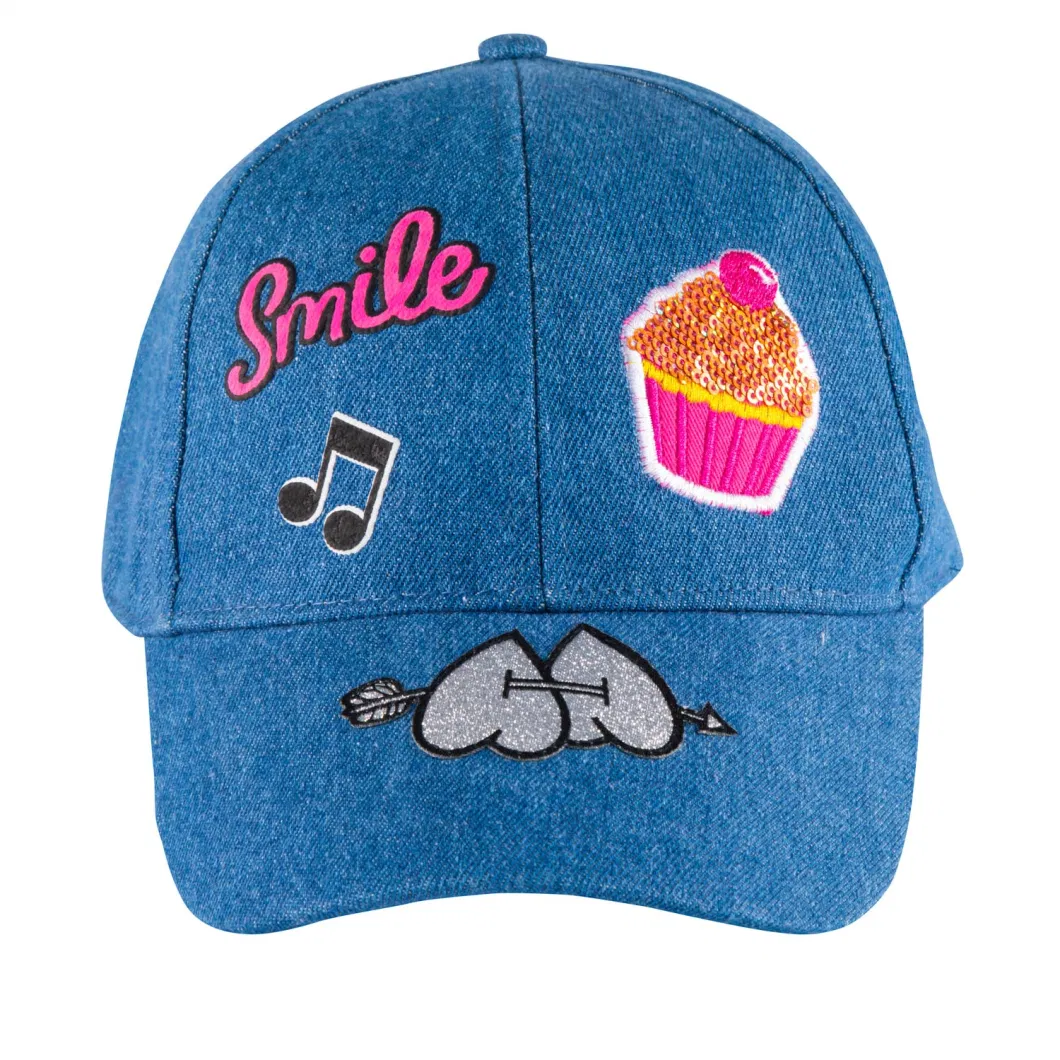 Denim Baseball Cap with Sequin Embroidery 6panel Kids Hat Sports Cap