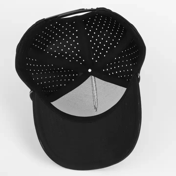 Custom High Quality Waterproof Laser Hole Perforated Gorras Cap Sports Running Fishing 5 Panel Applique Patch Logo Polyester Rope Black Golf Baseball Hat