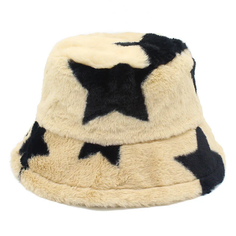 Trendy Designer Custom Winter Bucket Hat Five-Pointed Star Rabbit Fur Trend Female Thickened Fisherman Hat