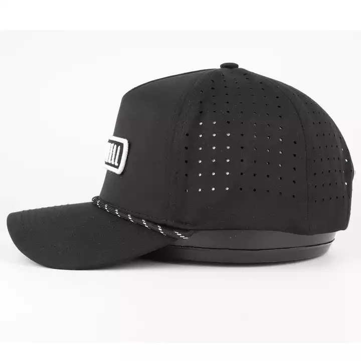 Custom High Quality Waterproof Laser Hole Perforated Gorras Cap Sports Running Fishing 5 Panel Applique Patch Logo Polyester Rope Black Golf Baseball Hat