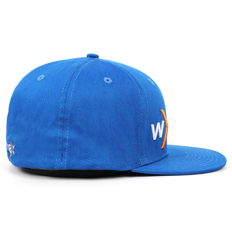 Customized Professional Popular Unisex Polyester Structured Flat Brim Blue Plastic Buckle Snapback Hat Cap with 3D Embroidery