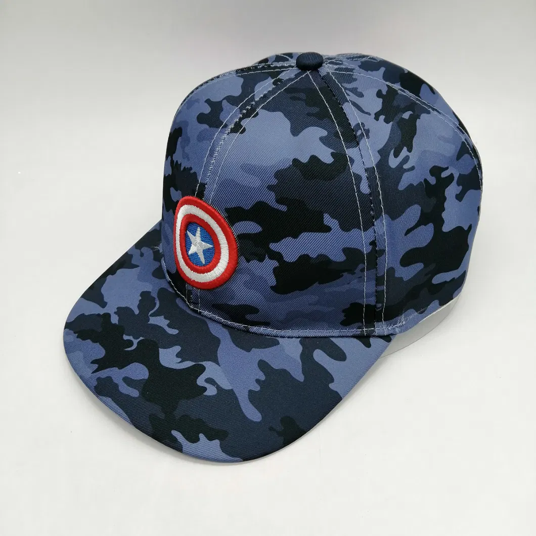 Custom Sports Fashionable Design 100 % Polyester 5 Panel Camo Adult Kids Children Caps Flat Brim Structured 3D Embroidery Snapback Hat Cap