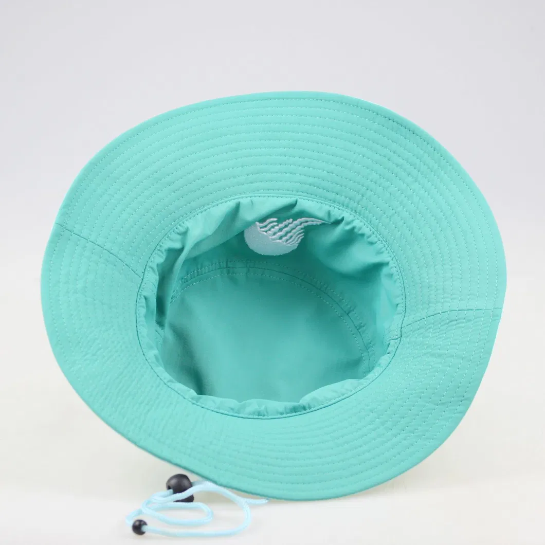 OEM Custom Patch Logo Quick Dry Taslon Waterproof Bucket Hat with String, Fashion Mens Women Fisherman Wide Brim Rope Safari Bucket Cap