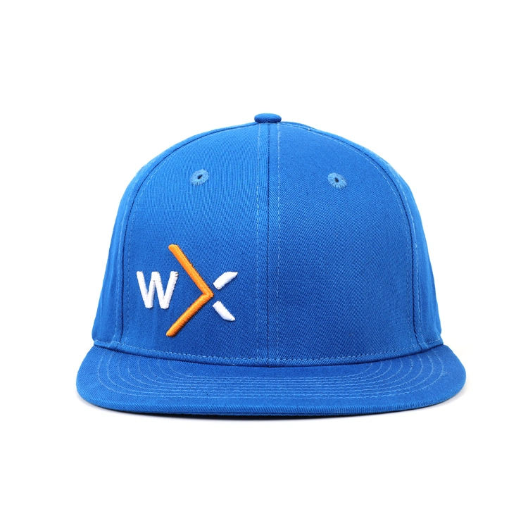 Customized Professional Popular Unisex Polyester Structured Flat Brim Blue Plastic Buckle Snapback Hat Cap with 3D Embroidery