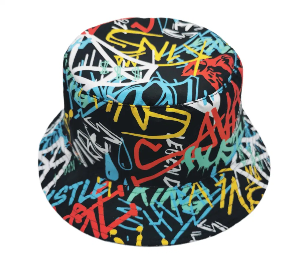 Fishing Hat with Woven Label Embroidery and Sublimation Printing Polyester Bucket Hat Casual Sun Hat with Own Logo Fashion Hat