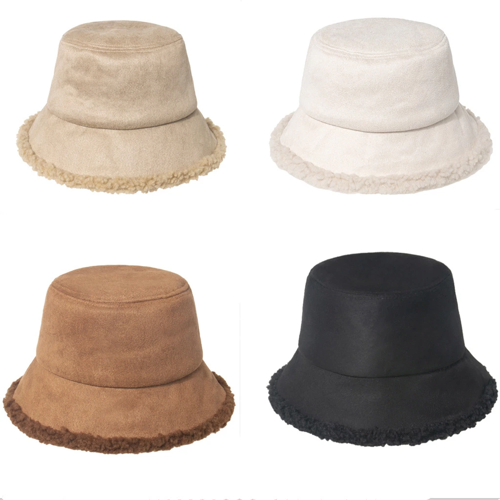 Women Winter Bucket Hat PU Leather Double-Sided Wearing Warm Bucket Cap Fisherman Hat
