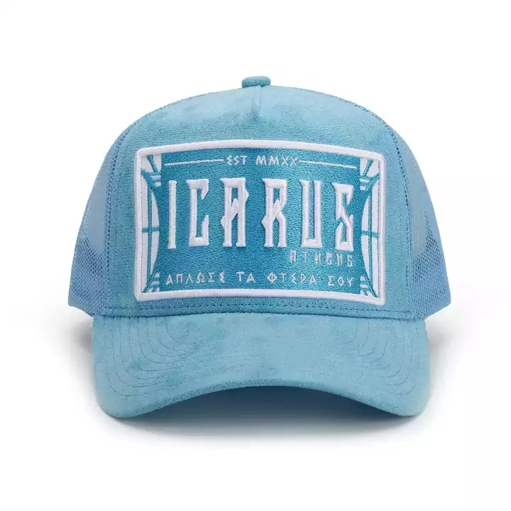 OEM Custom Fashion 5 Panel High Quality Plain Blue Curved Brim 3D Embroidery Logo Mesh Snap Back Suede Gorras Trucker Hat Caps