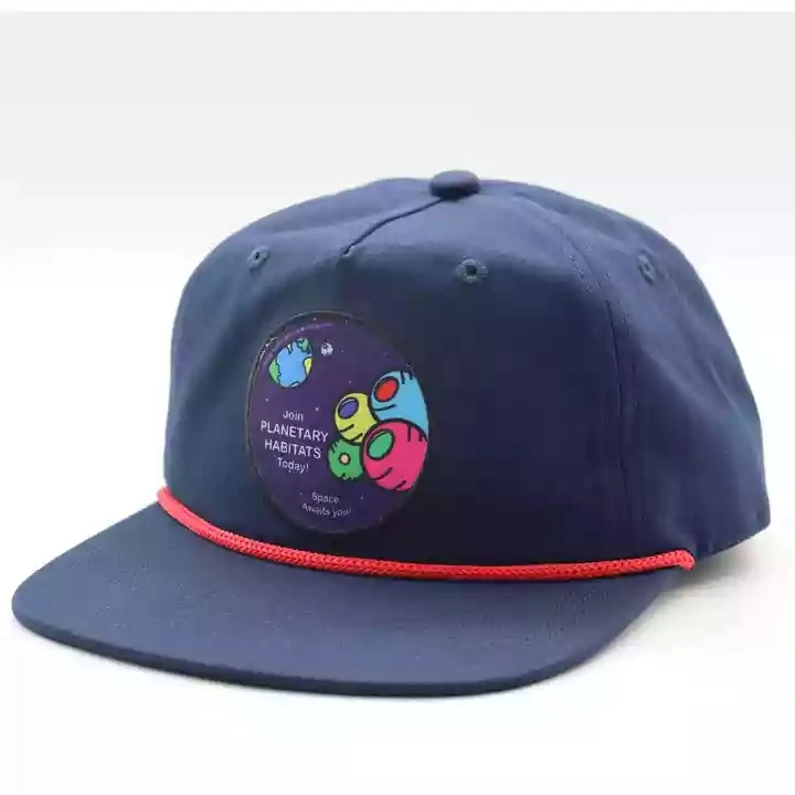 Customized Hat 5panel Navy Color Unstructured Rope Hat Wove Patch and Embroidery Snapback Hat