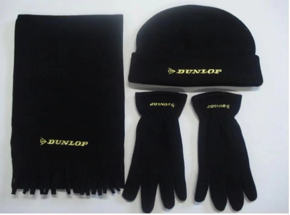 China Factory OEM Custom Logo Embroidered Winter Warm Brown Polar Fleece Hat Scarf Gloves Set