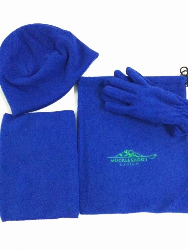 China Factory OEM Custom Logo Embroidered Winter Warm Brown Polar Fleece Hat Scarf Gloves Set