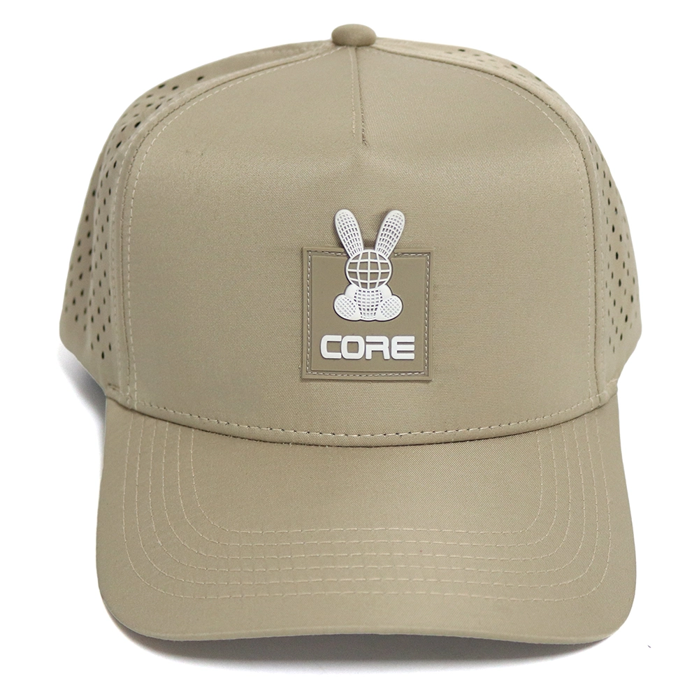 BSCI Custom Patch Logo 5 Panel Khaki Quick Dry Performance Sport Baseball Cap, Laser Cut Hole Golf Gorras, Polyester Rope Hat