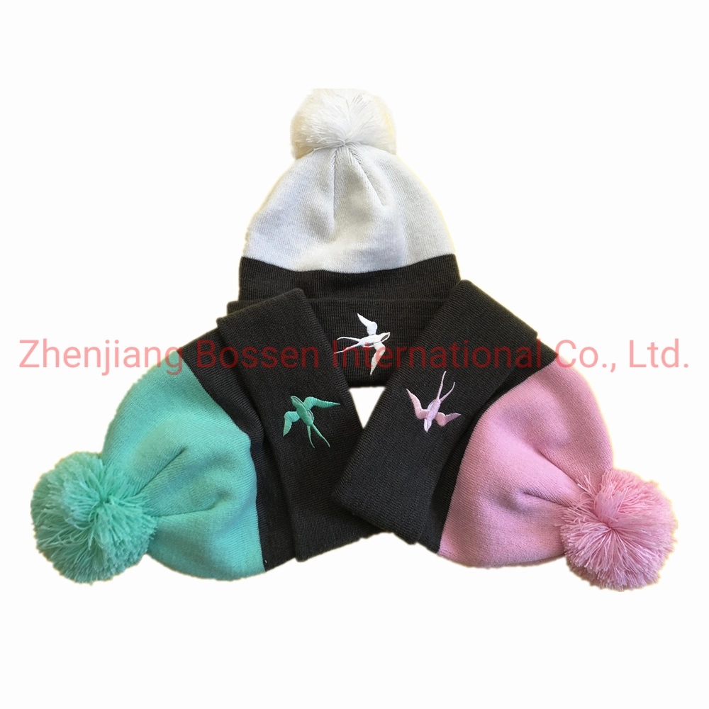 OEM Custom Logo Embroidered Winter Pink Grey Outdoor Snowboard Skiing Cycling Acrylic Knit Beanie Hat