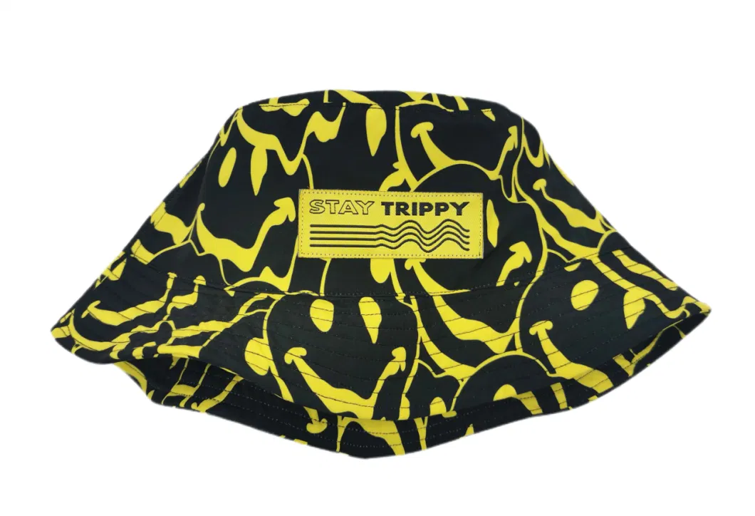 Fishing Hat with Woven Label Embroidery and Sublimation Printing Polyester Bucket Hat Casual Sun Hat with Own Logo Fashion Hat