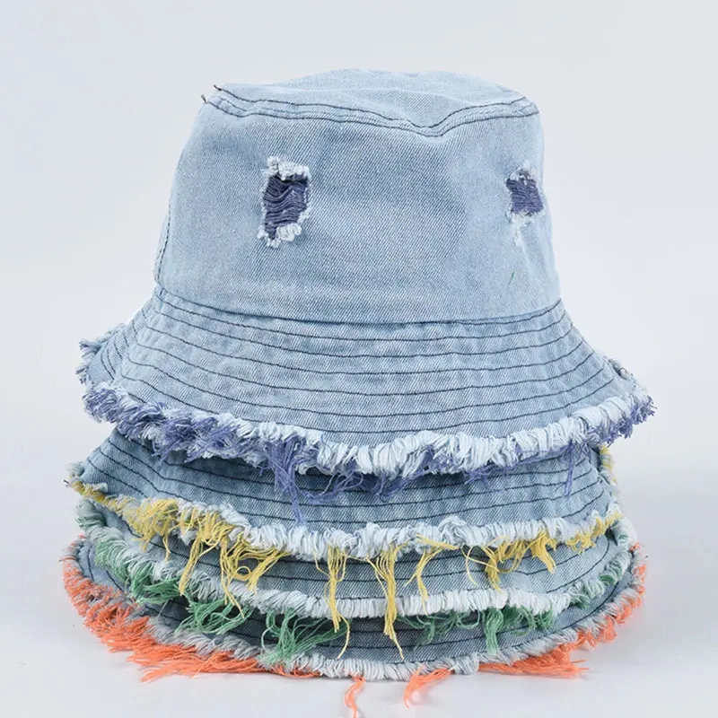 Distressed Frayed Brim Washed Worn out Cool Denim Jean Bucket Hat Wholesale Fisherman Hat Female Retro Fringed Basin Hats