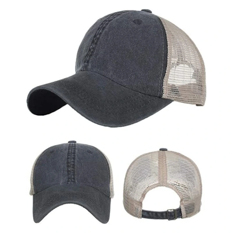 Custom Adjustable Plain Blank 6 Panel Distressed Embroidery Logo Mesh Trucker Hat
