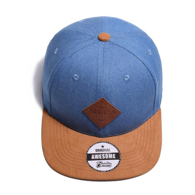 Blue Snapback Cap with Leather Patch and Suede Visors (01204)