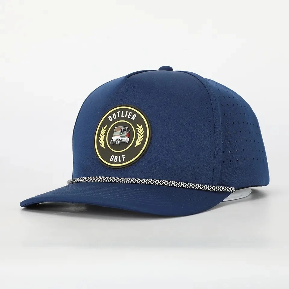 Wholesale Custom Quick Dry 5 Panel Sports Waterproof Baseball Cap Rubber PVC Logo Navy Performance Polyester Drilled Hole Laser Cut Perforated Rope Golf Hat