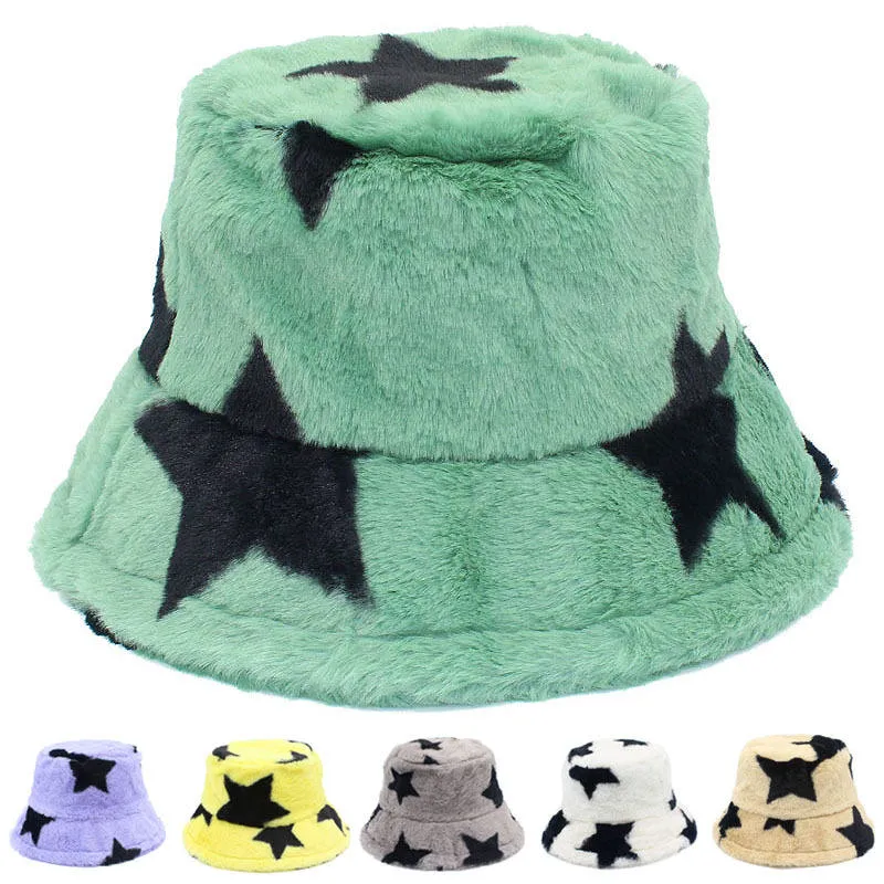 Trendy Designer Custom Winter Bucket Hat Five-Pointed Star Rabbit Fur Trend Female Thickened Fisherman Hat