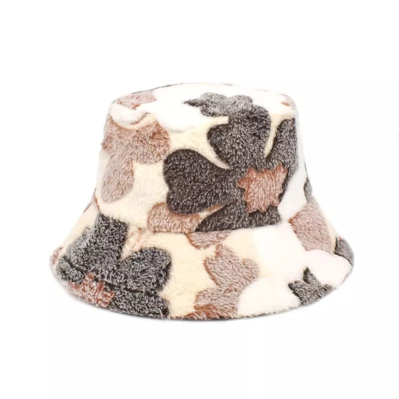 Winter Thick Warm Fuzzy Soft Fur Brown Snowflake Fisherman Bucket Hat