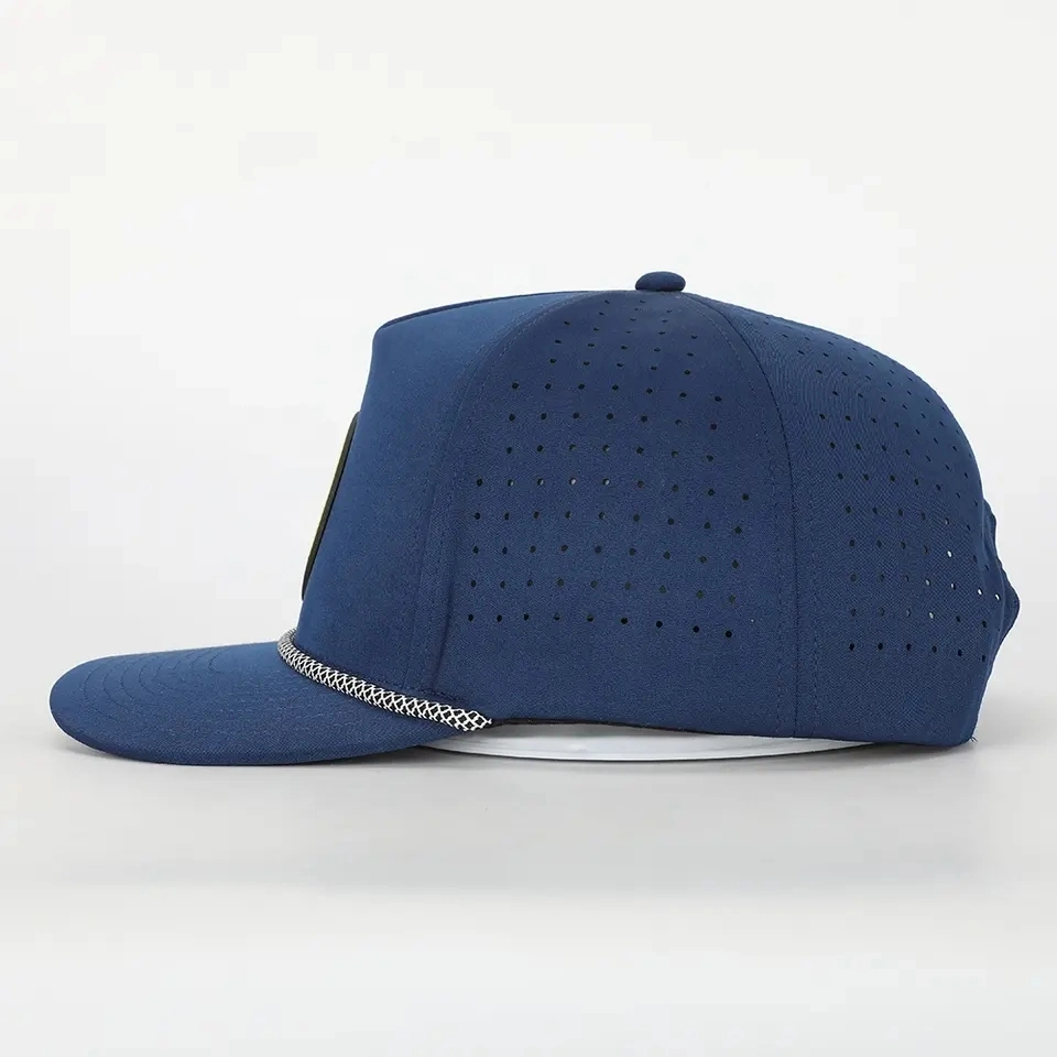 Wholesale Custom Quick Dry 5 Panel Sports Waterproof Baseball Cap Rubber PVC Logo Navy Performance Polyester Drilled Hole Laser Cut Perforated Rope Golf Hat