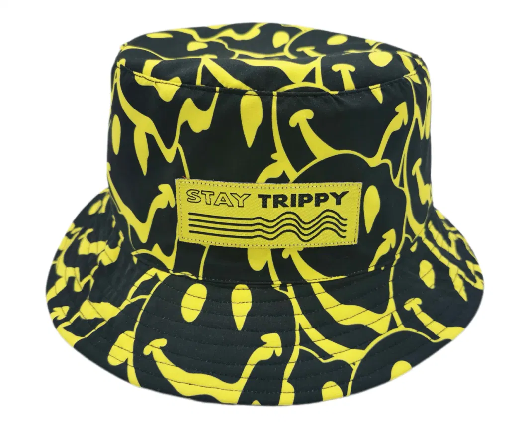 Fishing Hat with Woven Label Embroidery and Sublimation Printing Polyester Bucket Hat Casual Sun Hat with Own Logo Fashion Hat