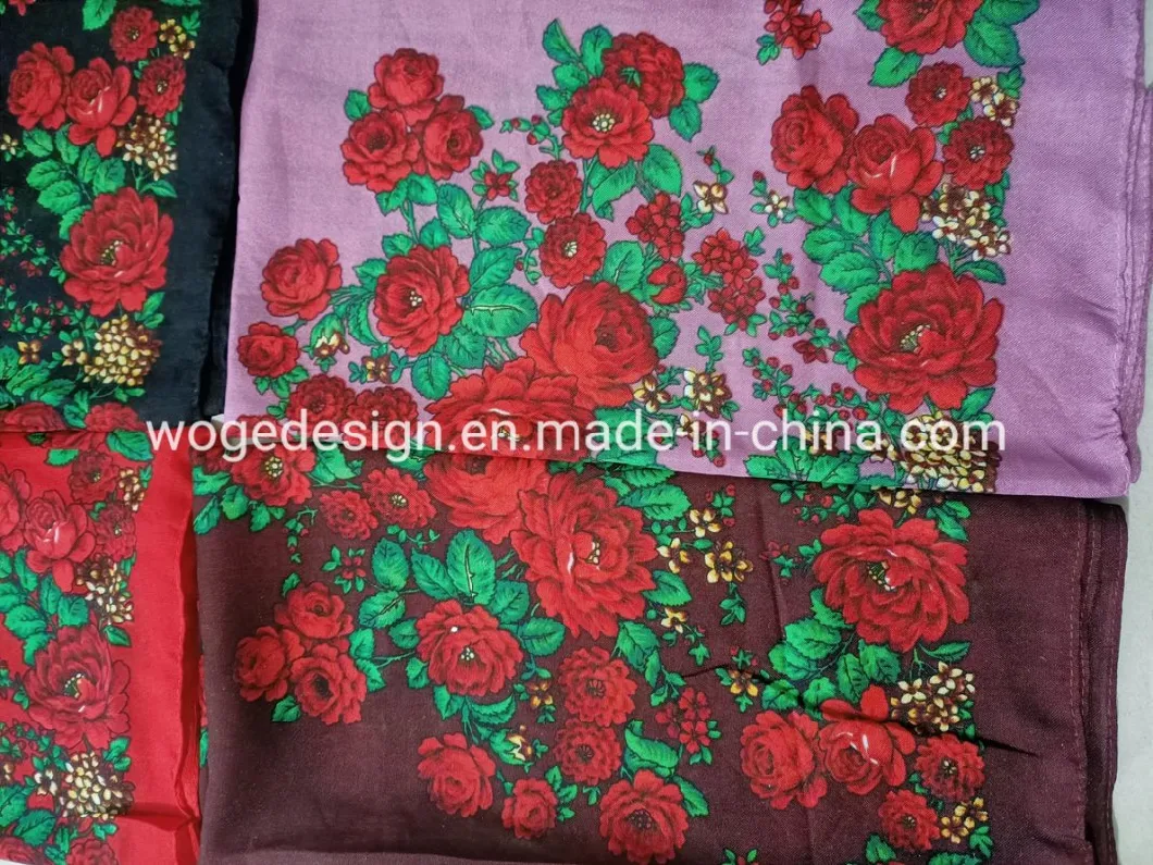 Primum Verified Supplier 75*75cm Russian Headscarf Scarf Woman Print Floral Large Square Cotton Feeling Polyester Bandana
