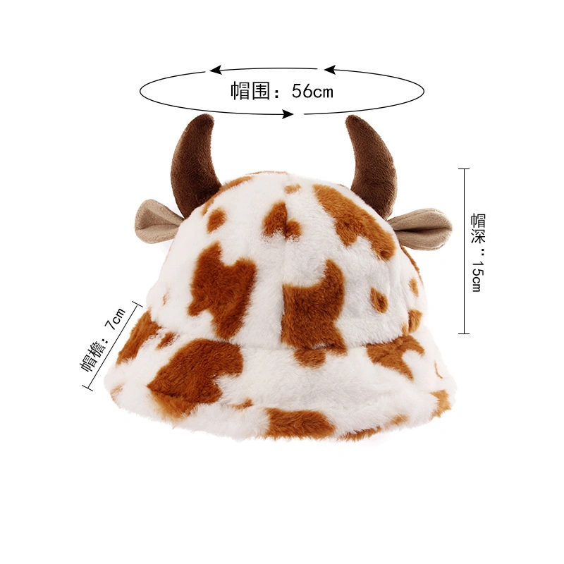 Winter Horns Plush Custom Bucket Hat Warm Funny Cow Printed Buckets Hat