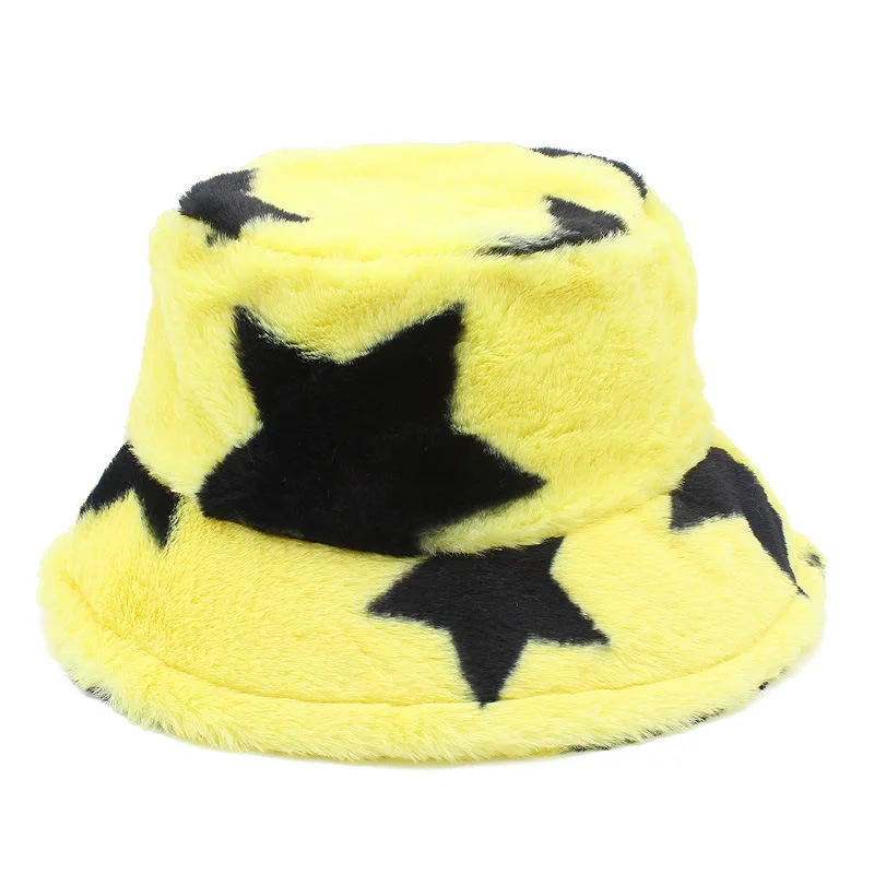 Trendy Designer Custom Winter Bucket Hat Five-Pointed Star Rabbit Fur Trend Female Thickened Fisherman Hat