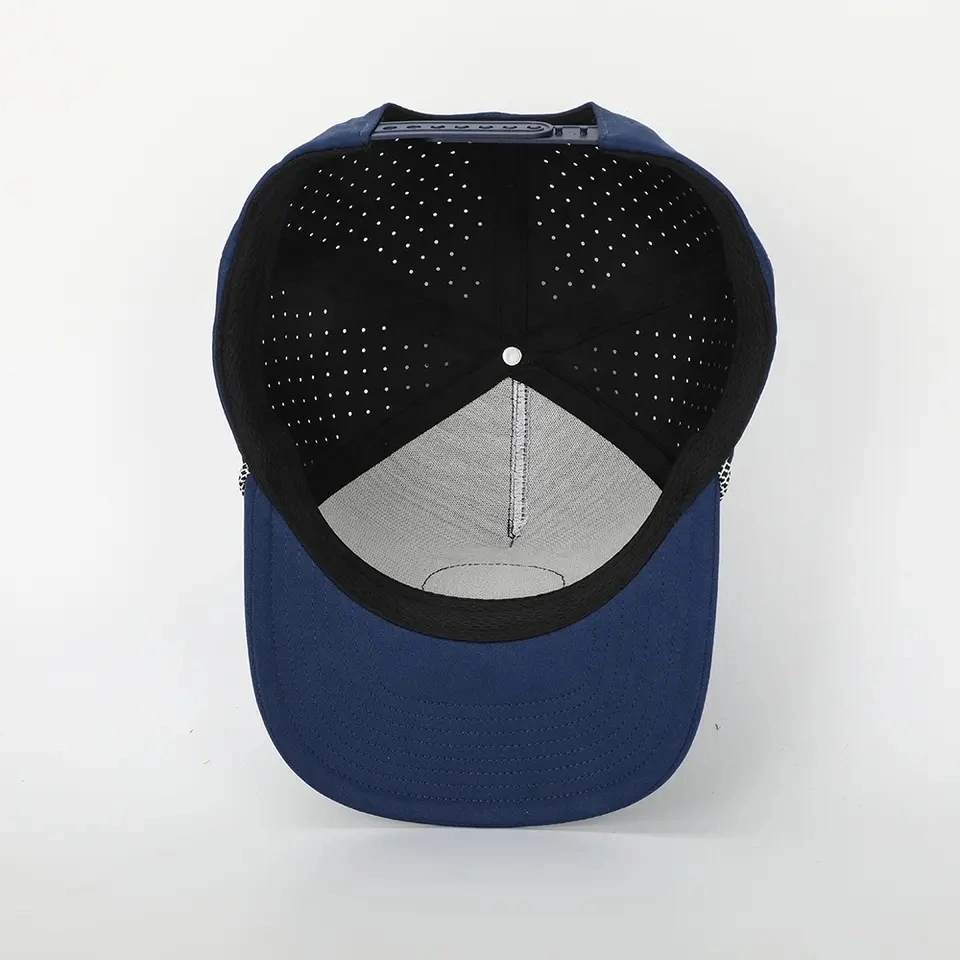 Wholesale Custom Quick Dry 5 Panel Sports Waterproof Baseball Cap Rubber PVC Logo Navy Performance Polyester Drilled Hole Laser Cut Perforated Rope Golf Hat