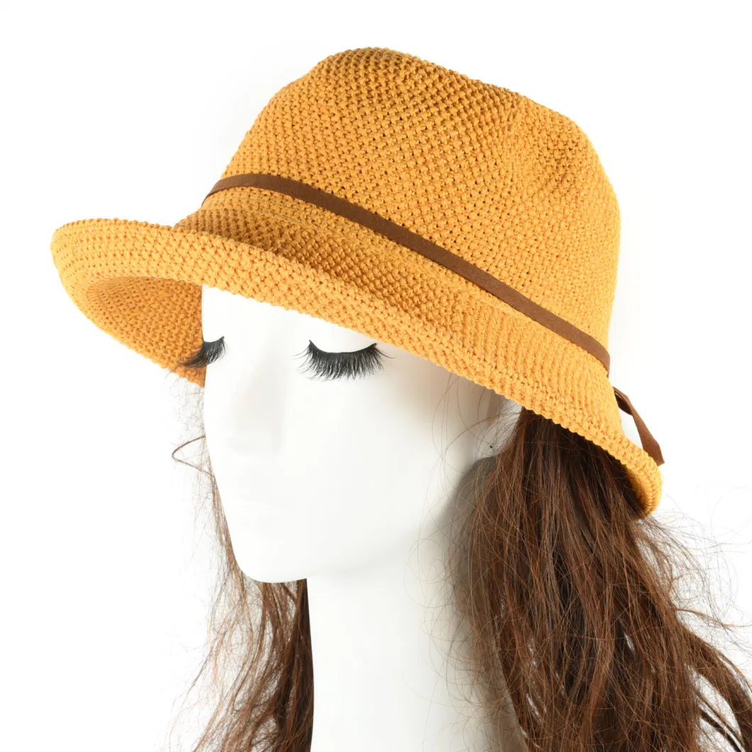 Summer Leather Cord Floppy Sun Hat Bucket for Female