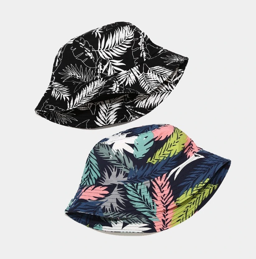 Reversible Palm Leaf Print Fisherman Bucket Hat Holiday Music Festival Sun Hats