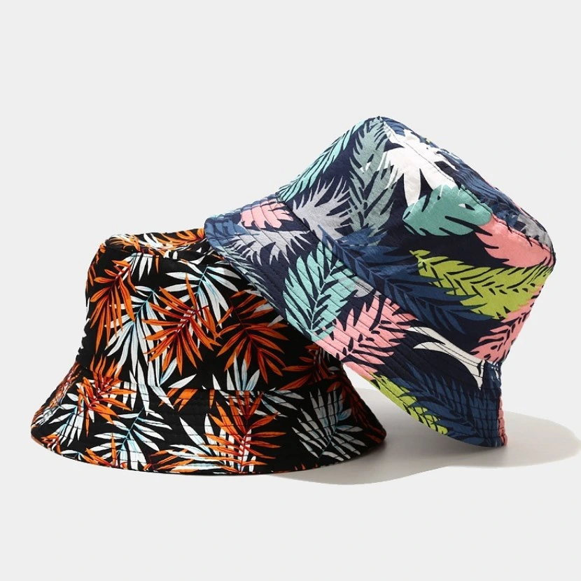 Reversible Palm Leaf Print Fisherman Bucket Hat Holiday Music Festival Sun Hats