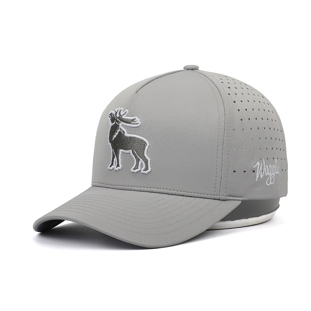 OEM Custom 6 Panel Grey Laser Cut Holed Perforated Baseball Hat Cap Waterproof Polyester Flex Fit Quick Dry Fitted Golf Hats Caps with Embroidered Logo