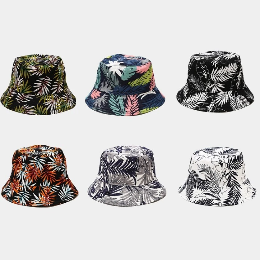 Reversible Palm Leaf Print Fisherman Bucket Hat Holiday Music Festival Sun Hats