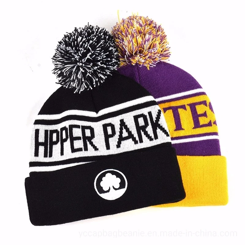 Customr Recycle Acrylic Bobble Sport Soccer Football Knit Pompom Jacquard Beanie Hat