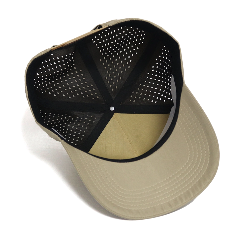 BSCI Custom Patch Logo 5 Panel Khaki Quick Dry Performance Sport Baseball Cap, Laser Cut Hole Golf Gorras, Polyester Rope Hat