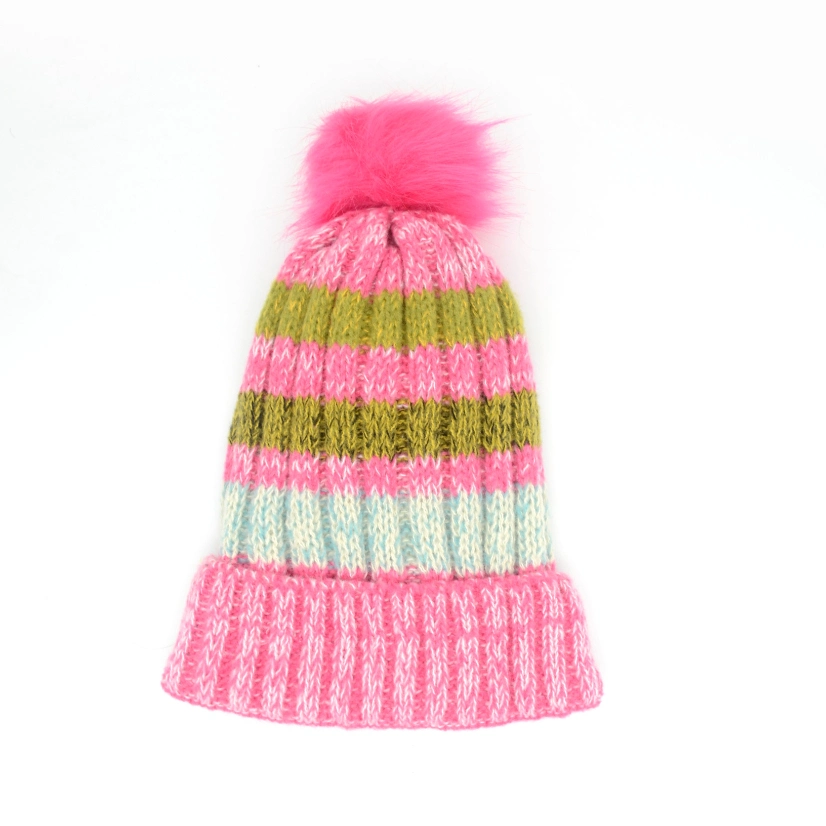 Hot Selling Muti Color fashion Stylish Soft Warm Knit Striped POM POM Beanie Winter Hats