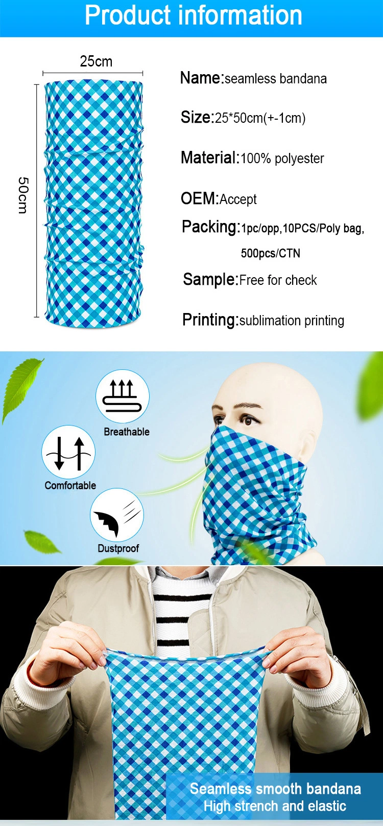Sun Protection Multifunctional Seamless Fishing Bandana Face Neck Gaiter Durag Headbands for Women