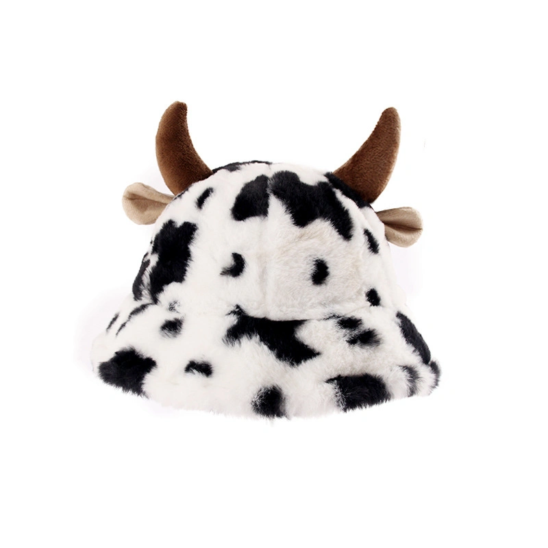 Winter Horns Plush Custom Bucket Hat Warm Funny Cow Printed Buckets Hat