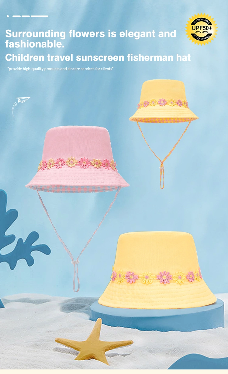 Flower Windproof Rope Custom Cotton Summer Outdoor Children Bucket Hat Fisherman Hat