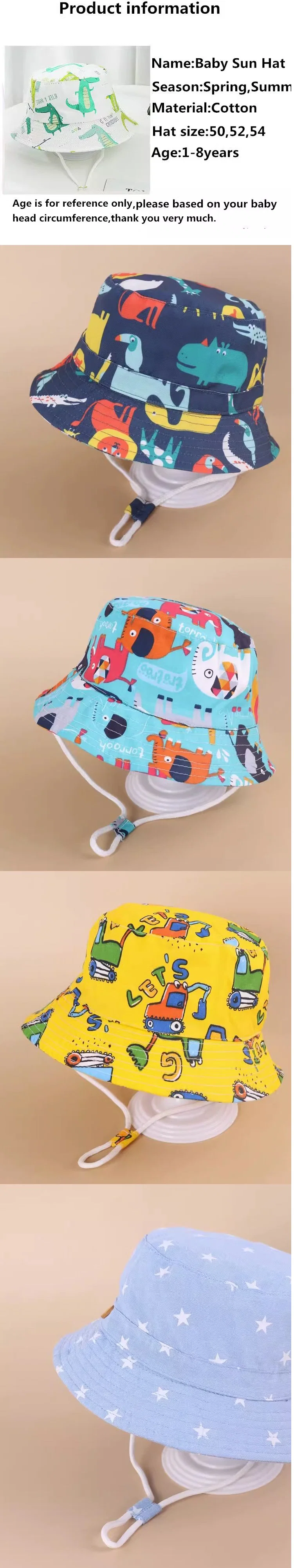 Summer Baby Cartoon Print Bucket Hat Kids Toddler Windproof Fisherman Hat with Strap